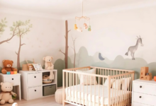 A cozy baby room featuring a soft crib