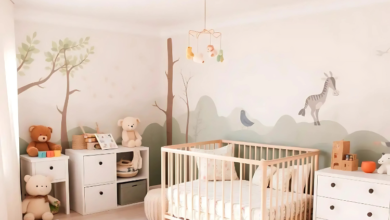 A cozy baby room featuring a soft crib