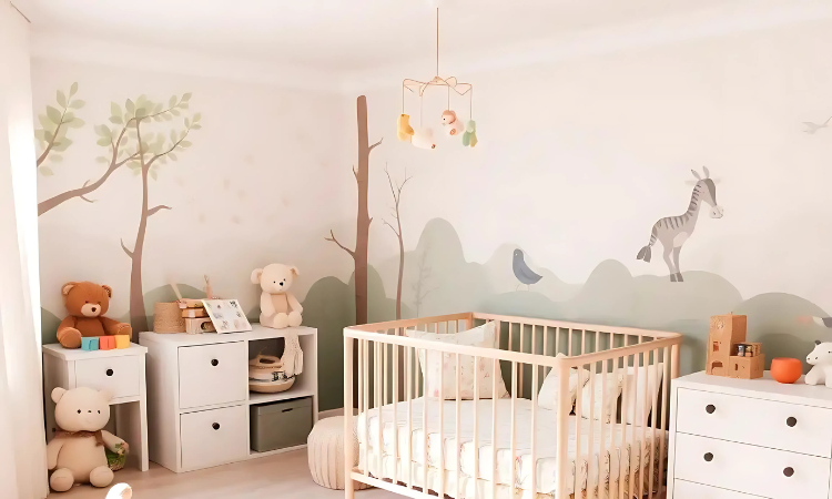 A cozy baby room featuring a soft crib