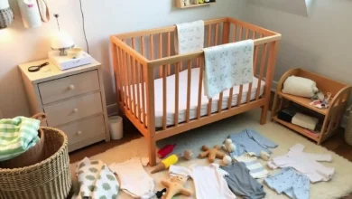 A cozy nursery scene filled with budget-friendly baby supplies, including cloth diapers, a simple wooden crib, handmade toys, and organic baby clothes arranged neatly on a soft rug, warm lighting creating a welcoming atmosphere.