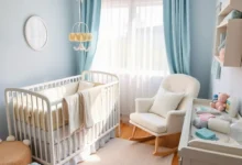 A serene nursery scene featuring a cozy crib adorned with soft pastel bedding, a gentle rocking chair beside it, and a mobile hanging above. Include a variety of essential newborn care items like diapers, wipes