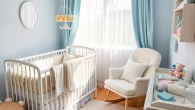 A serene nursery scene featuring a cozy crib adorned with soft pastel bedding, a gentle rocking chair beside it, and a mobile hanging above. Include a variety of essential newborn care items like diapers, wipes