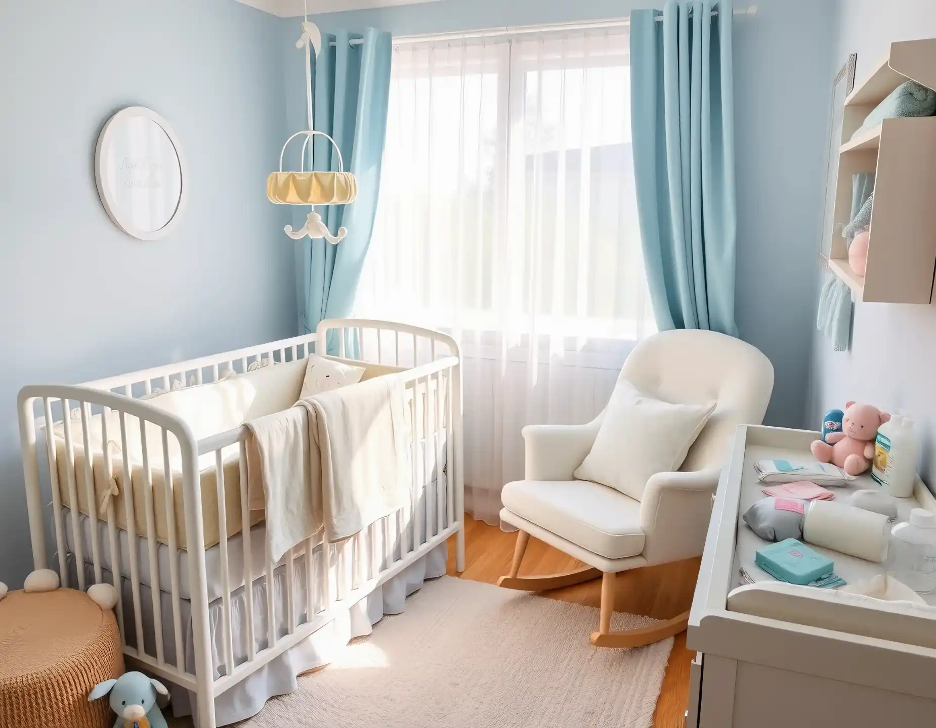 A serene nursery scene featuring a cozy crib adorned with soft pastel bedding, a gentle rocking chair beside it, and a mobile hanging above. Include a variety of essential newborn care items like diapers, wipes