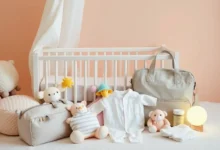 A cozy nursery scene featuring a beautifully arranged selection of essential baby supplies, including a soft crib, colorful plush toys, a stylish diaper bag, organic baby clothing, and a gentle nightlight, all set against a warm