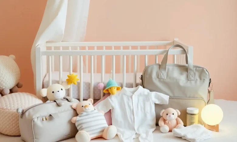 A cozy nursery scene featuring a beautifully arranged selection of essential baby supplies, including a soft crib, colorful plush toys, a stylish diaper bag, organic baby clothing, and a gentle nightlight, all set against a warm