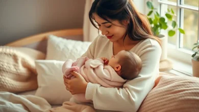 A romantic, serene and tender scene of a mother holding a sleeping baby in her arms, surrounded by soft pastel colors