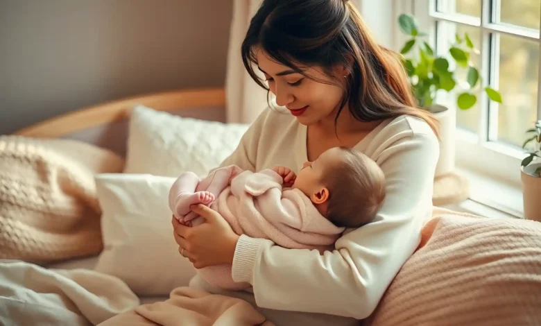 A romantic, serene and tender scene of a mother holding a sleeping baby in her arms, surrounded by soft pastel colors