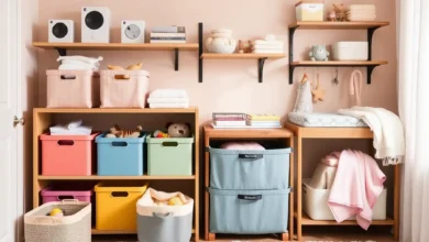 A visually appealing nursery scene featuring a variety of stylish baby storage solutions, including colorful bins, portable Hatch audio devices,