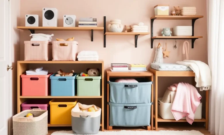 A visually appealing nursery scene featuring a variety of stylish baby storage solutions, including colorful bins, portable Hatch audio devices,