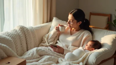 A warm and inviting scene of a new mother relaxing on a comfortable sofa with a soft blanket, a cup of tea and a book. With a baby sleeping in a crib nearby, with soft natural light streaming in through the window.