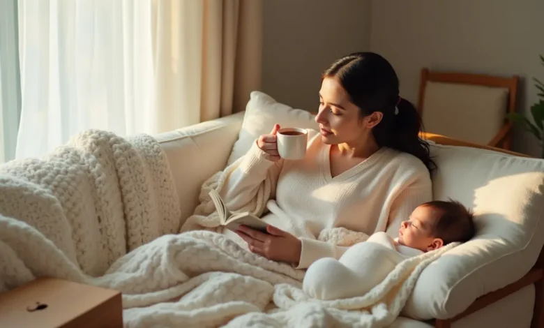 A warm and inviting scene of a new mother relaxing on a comfortable sofa with a soft blanket, a cup of tea and a book. With a baby sleeping in a crib nearby, with soft natural light streaming in through the window.