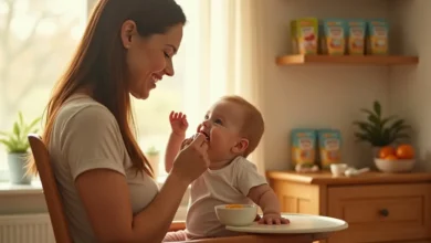 Warm and cozy scene of a mother feeding her baby organic puree in a sunlit nursery