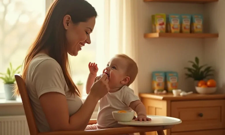 Warm and cozy scene of a mother feeding her baby organic puree in a sunlit nursery