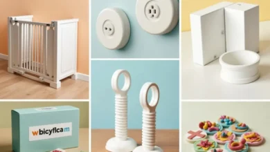 A vibrant, modern photo collage of the top 5 childproofing products: a safety gate, magnetic cabinet locks, outlet covers, corner guards, and a childproofing kit