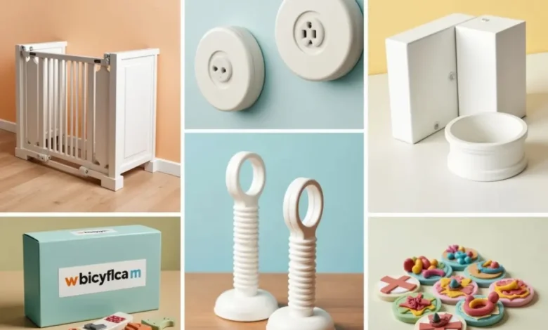 A vibrant, modern photo collage of the top 5 childproofing products: a safety gate, magnetic cabinet locks, outlet covers, corner guards, and a childproofing kit